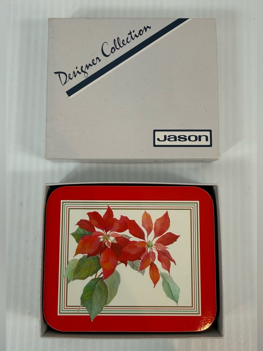 Vtg Jason Prod Christmas Poinsettia Hardboard Cork Back Coasters Set 6 Holiday